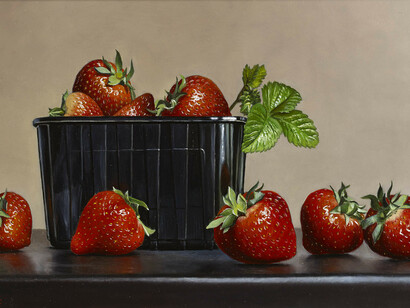 Johan De Fre, Strawberries, oil on panel, 8 x 12 ins (20 x 30 cms)