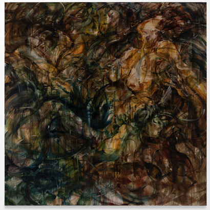 Julia Jo, Mother’s Ruin, 2023, signed, titled, and dated verso, oil on linen, 96x96x2 inches. Courtesy the artist and James Fuentes, LA