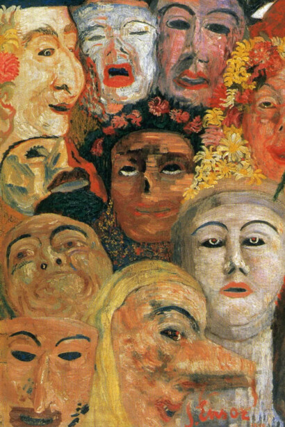James Ensor, Autorretrato con máscaras (1889, detalle)