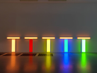 Dan Flavin 1933 - 1996, untitled (to Don Judd, colorist) 1-5 1987, Fluorescent tubes and metal, 122 x 122 cm, Artist Rooms, Tate and National Galleries of Scotland. Lent by the Artist Rooms Foundation 2013 © ARS, NY and DACS, London 2014