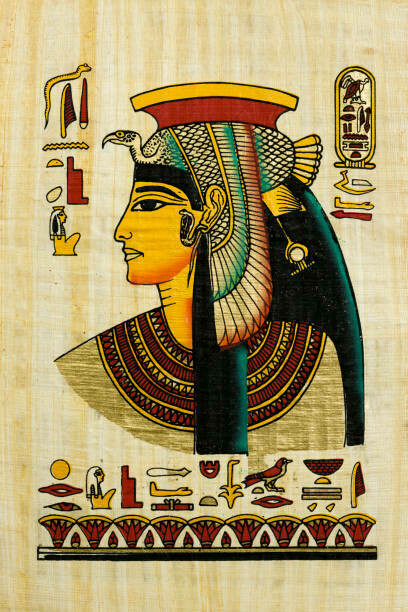 A Cleopatra artwork on papyrus would depict the queen in traditional Egyptian style, with regal attire, symbols of power, and profile portraits, using a limited color palette