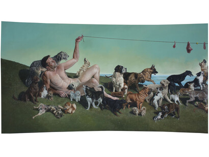 Erik Thor Sandberg, In the Valley (detail), 2015, oil on curved panel, 30 x 116 inches.