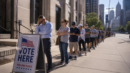 People lining up to cast their ballots with visible exhaustion, highlighting how democracy increasingly feels like obligation rather than hope