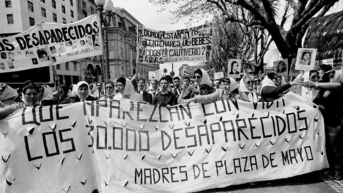 Demonstration in Plaza de Mayo, Buenos Aires, Argentina, on December 9 and 10, 1982, demanding the safe return of the disappeared detainees, the restitution of children to their legitimate families, and freedom for political prisoners