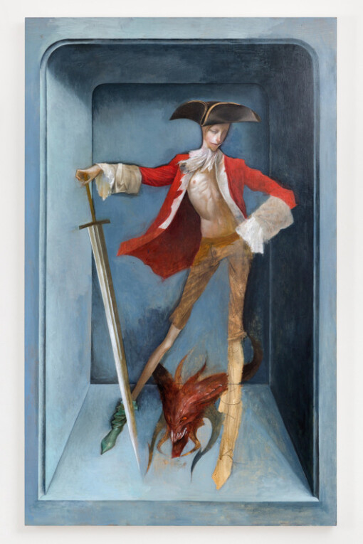 Julien Nguyen, St George & The Dragon, 2017, oil and tempera on wood panel, 91.44 x 55.88 cm, 36 x 22 ins. © Julien Nguyen, courtesy Stuart Shave/Modern Art, London


