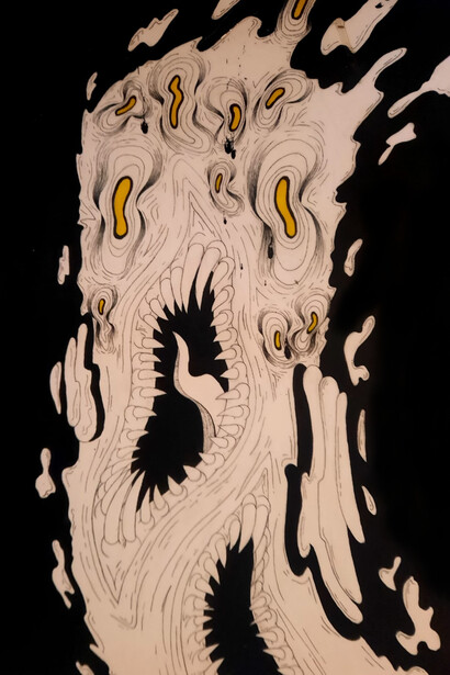 Veronica Lucchetta, Derealizzazione giovanile, tempera e pennarelli su tela 