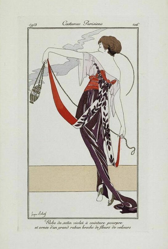 Robe de satin violet à ceinture pourpre, Georges Robert, from Journal des Dames et des Modes, 1913, Paris, France © Trustees of the Chester Beatty Library