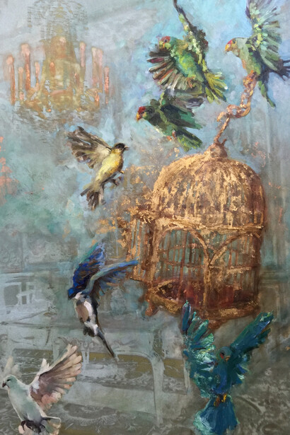 Nicole Etienne, The Great Escape, 2015, Oil paint, 23 carat gold leaf, photo of items from Marie Antoinettes' bedroom on glitter canvas