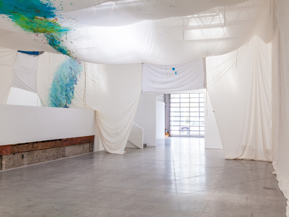 Reto Pulfer Milchstrassengrotte (2013). Ink on cotton, bed sheet, ribbon, ink on crate, Raku ceramic, daylight. Swiss Institute, New York