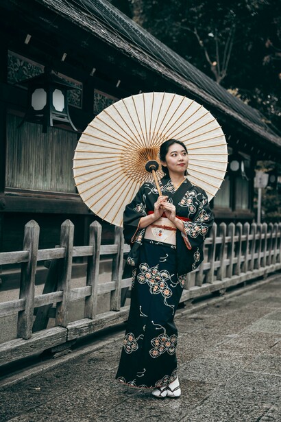 A Japanese woman in a kimono with a parasol, inspired by traditional kimono pattern layouts and folding techniques, Kyoto, Japan