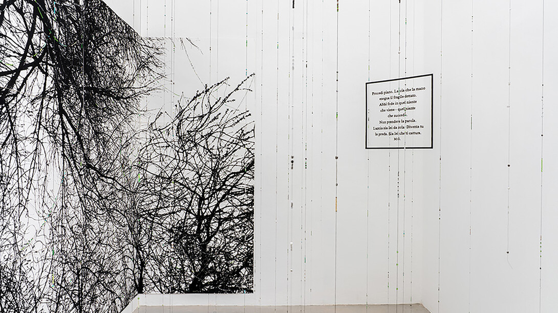 Sabrina Mezzaqui - La celeste pazzia (M.G.) 2024, poetry by Mariangela Gualtieri, in Quando non morivo, Einaudi, p. 5 silkscreen on paper with material elements, beads, thread, 203 x 272 cm, cellulose letters 50 X 50 cm. Photo: Ela Bialkowska, OKNO Studio