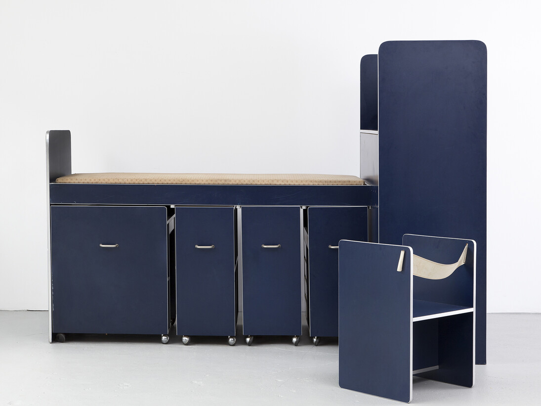 "Living System Box 1" compact living environment including: closet, bed, chest of drawers, shelf, desk, vanity. Wood and laminate. Designed by Joe Colombo for La Linea, Lurago D'Erba, Como, Italy, 1968.  70.87" L x 51.38" W x 23.82" H / 180cm L x 130.5cm W x 60.5cm H. Photograph by Joe Kramm/R & Company