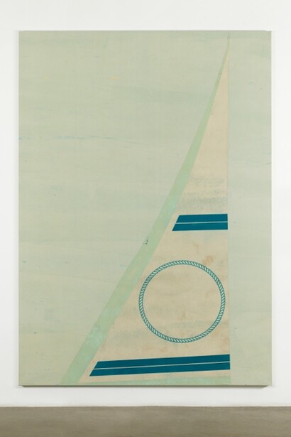 Untitled, 2016, Primer, spray paint, acrylic, white spirit, cotton canvas on wooden stretcher
113 3/8 x 80 3/4 x 1 1/4 in (288 x 205 x 3.2 cm). Courtesy of Andrew Kreps Gallery