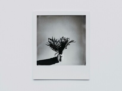 A polaroid image displaying someone holding a bouquet to elicit an emotion that will be a haunting past that is relived in the present