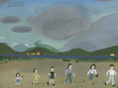 Esther Pearl Watson, A che ora arriva il futuro, 2015, acrylic foil and pencil on panel, 45 x 60 cm