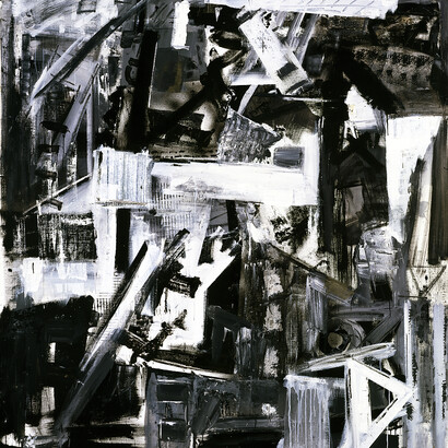 De America ’76 – 4 (dettaglio), 1976
206 × 196 cm - Idropittura, pittura alla nitro, carboncino, pastello, carta e sabbia su tela -Collezione privata 