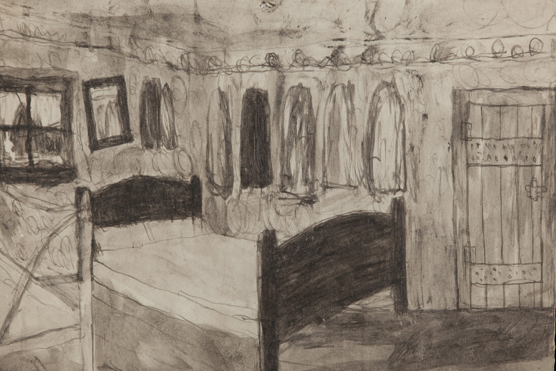 James Castle, Untitled (Interior), nd. Soot on found paper 11 1/8 x 12 3/8 inches.
