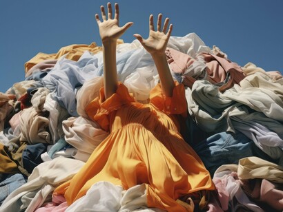 Two hands emerge from a chaotic pile of clothes to escape the overwhelming waste and environmental toll of unchecked consumerism and the fast fashion industry