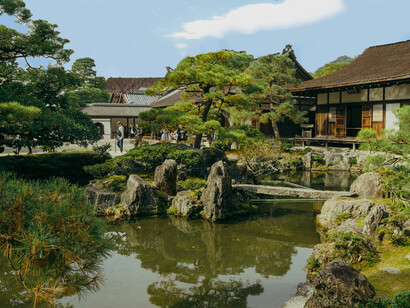 Temple and Japanese garden in Kyoto, Japan, showcasing traditional architectural and landscape design