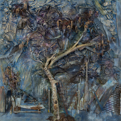 Thornton Dial, The Freedom Side, 2012, scrap metal, wood, fabric, denim, spray paint, and enamel on canvas over wood, 72x72x10 inches. © Estate of Thornton Dial / Artists Rights Society (ARS), New York. Courtesy of the artist and Blum & Poe, Los Angeles/New York/Tokyo