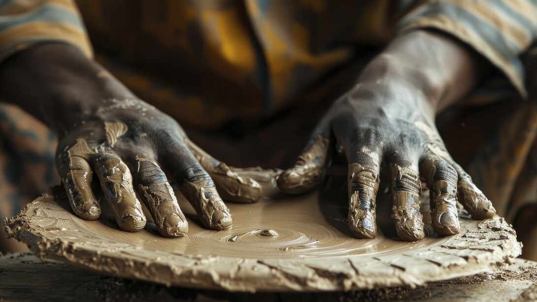 Skilled hands carefully shaping wet clay on a pottery wheel, representing the craftsmanship that has sustained African artistic traditions