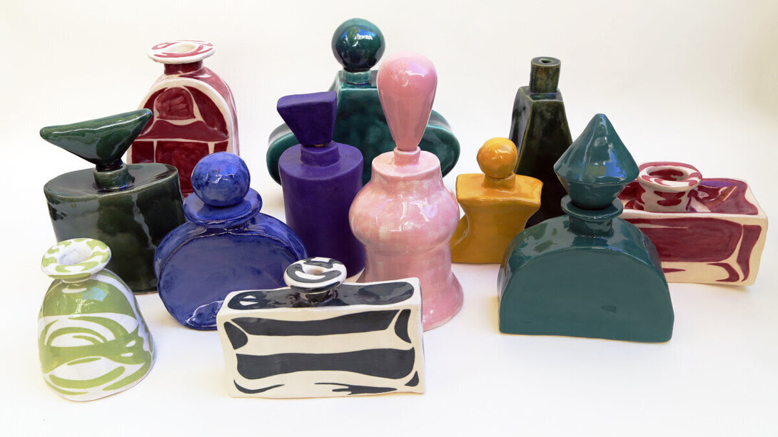 Annie Duncan, Tremble like a flower, Installation view of small bottles in various sizes, 2024. Courtesy of Johansson Projects