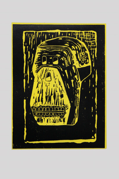 Morrison, Alex Gene 'Skull', 2014, Linocut on hand painted paper, 29.7 x 21cm