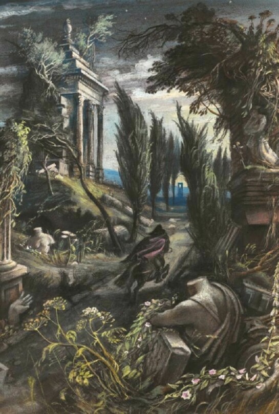 Alan Sorrell, 127 Benvenuto Cellini Escaping from Rome, signed and dated 1949, pencil and gouache on paper, 42.5 x 38 cm (16 ¾ x 15 in.), Courtesy of the Trustees of Sir John Soane's Museum