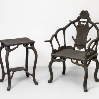 Zheng Guogu, Impacted Chairs, 2011, African ebony, Chair: 115 x 50 x 73 cm, 45 1/4 x 19 3/4 x 28 3/4 inches, Tea Table: 71 x 36 x 46 cm, 28 x 14 1/4 x 18 inches
