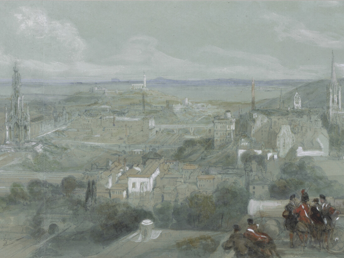David Roberts, View of Edinburgh from the Ramparts of the Castle (detail), Looking East 1846, Watercolour with gum arabic over pencil, heightened with white bodycolour on two sheets of blue-green paper, joined together, faintly squared in pencil, 28.50 x 80.00 cm, Scottish National Gallery collection