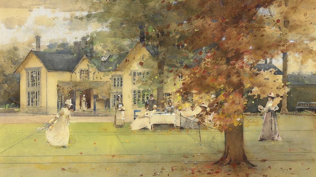 Arthur Melville, The Lawn Tennis Party at Marcus, 1889, Watercolour, pencil and bodycolour on paper, 54.7 x 75.2 cm, Collection: The Henry Barber Trust, The Barber Institute of Fine Arts, University of Birmingham, Photo © The Henry Barber Trust, The Barber Institute of Fine Arts, University of Birmingham