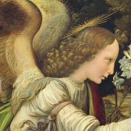 „Die Verkündigung“ (ca. 1472), Fragment. Andrea del Verrocchio und Leonardo da Vinci. Öl auf Holz (98X217 cm), Galleria degli Uffizi, Florenz. Der Erzengel Gabriel blickt in das Herz Mariens.  Seine Flügel ähneln den Federn echter Vögel, ein Beispiel für Leonardos ernsthafte Naturbeobachtungen