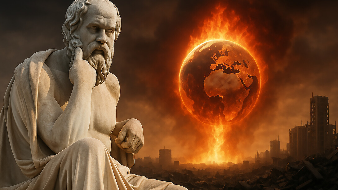 A marble statue of Socrates contemplates the burning Earth, symbolizing the philosophical reflection needed in the face of global crisis and the ongoing challenges to humanity's future