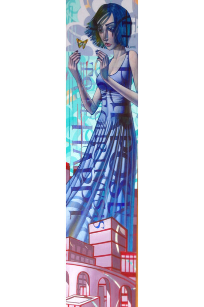 John Park, Supernatural Aid, Mixed media on wood panel, framed, 18″ x 60″