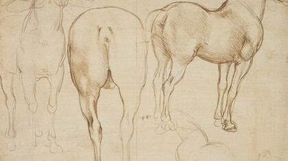 Leonardo da Vinci Studies of a Horse, c. 1490 Metalpoint (probably silverpoint) on pale buff prepared paper, 19.9 × 28.5 cm Lent by Her Majesty Queen Elizabeth II