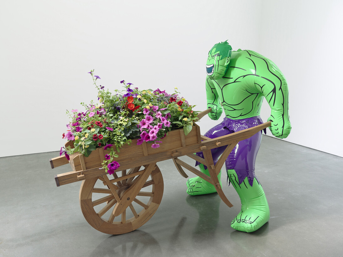 Jeff Koons, Hulk (Wheelbarrow), 2004 - 2013, Polychromed bronze, wood, copper, and live flowering plants, 68 1/16 x 48 3/8 x 81 5/8 inches, 172.9 x 122.9 x 207.3 cm. Edition of 3 plus 1 AP © Jeff Koons
