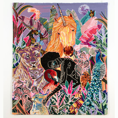 Simone Elizabeth Saunders, Harmony Sings at Dusk, 2023, Unearthing Unicorns series, hand tufted velvet, acrylic and wool yarn on rug warp, 66x56x1 inches. Courtesy of the artist and Claire Oliver Gallery
