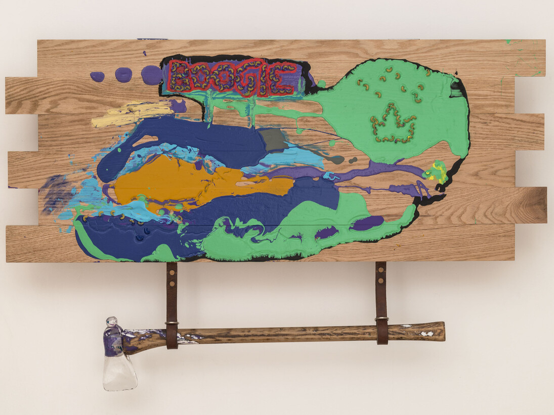 Kevin Mack, The Passion of Cousins, 2014, Red oak, latex paint, acrylic, spray paint, macaroni, oil pastel, leather, brass, glass, 33.5” x 51” x 7.5”