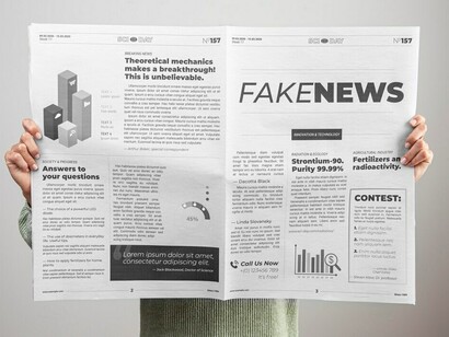 A woman reading a newspaper labeled "Fake News," reflecting on the role of media in spreading misinformation