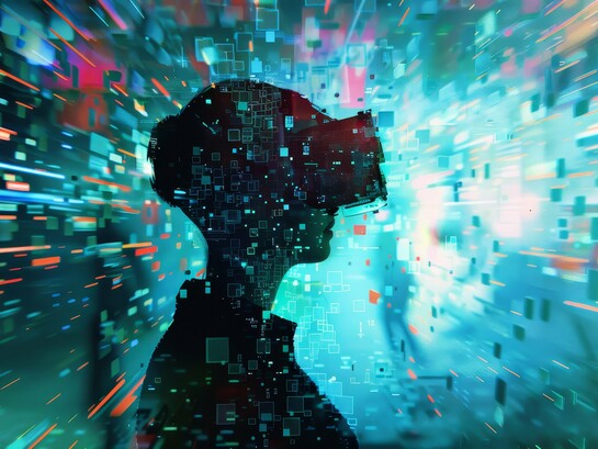 A figure surrounded by flowing data and virtual networks, symbolizing humanity's place at the center of the digital revolution