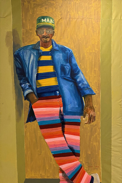 Frank Coffie, Main Corner (detail), 2022.  Oil and yarn on canvas, 84 x 48 inches. Courtesy of the artist and Allouche Gallery