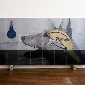 Jacopo Mazzonelli, Pavlov's dog is drowning (stampe su carta da manifesto applicate a tavole di legno, vernici), Courtesy Federico Bianchi Gallery