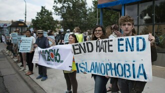 People rally against hate speech and Islamophobia in response to hate crimes in Minneapolis, Minnesota, 2016 