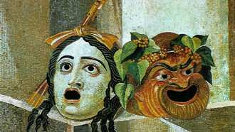 Mosaico romano del I secolo a.C. raffigurante le maschere tragica e comica (Roma, Musei Capitolini)