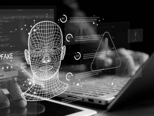 A deepfake concept featuring facial tracking, detection, and recognition technologies, combined with cybersecurity elements and secure password login