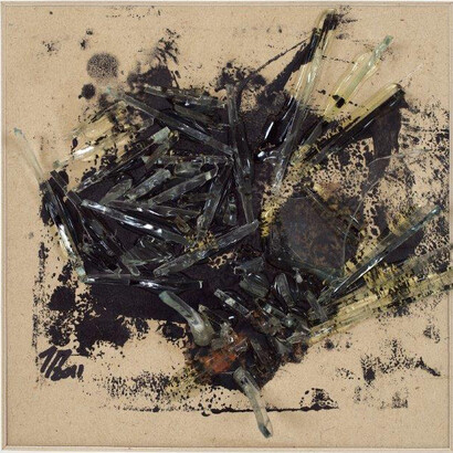 Lina Pigadioti, Fly/Mind Views (2010), Mixed media (monoprint and glass collage on cardboard), 12 x 12 cm