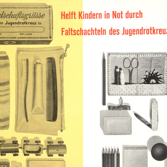 Unknown, Help children in need through the Youth Red Cross’s  cardboard boxes, Switzerland (detail), 1965. Courtesy of Musée International de la Croix-Rouge et du Croissant-Rouge