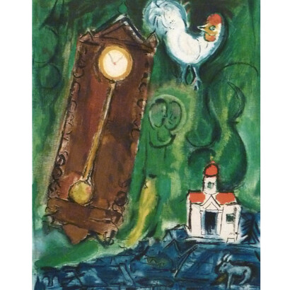 Marc Chagall, The Rooster and the Clock, circa 1956, Hand Signed and Numbered Etching and Aquatint on BFK Rives paper, 55.2 x 38 cm / 21.7 x 14.9 in