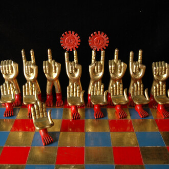 Chess set with table, Design by Pedro Friedeberg, Polychromed wood, gold-leaf. Courtesy ADN Galería