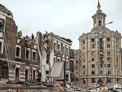 The aftermath of a Russian missile strike on Georgiy Tarasenko Street in Kharkiv, Ukraine, on 6 October 2023. Two people, including a 10-year-old boy, were killed and 28 were injured, Ukraine